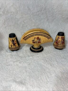 Vintage Greek-Style Napkin Holder & Salt & Pepper Shakers - Yellow Black